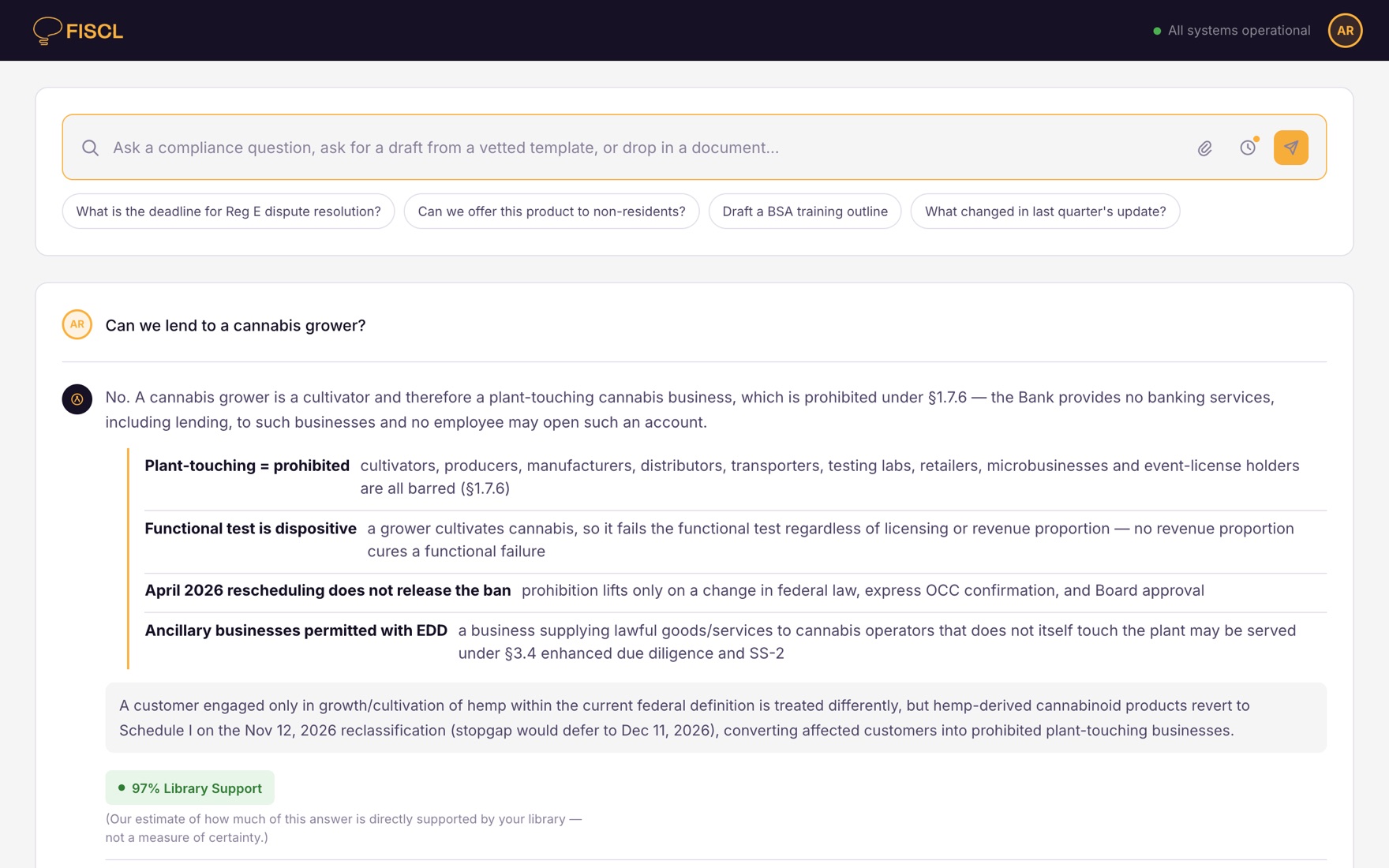 A compliance question answered from the bank's own policy, with the governing sections and a 97% Library Support Score